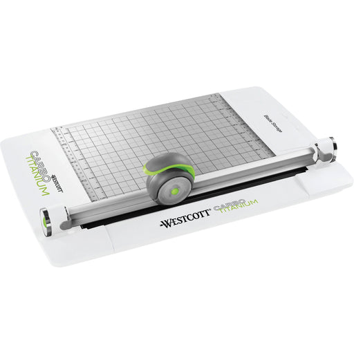 Westcott CarboTitanium Rotary Trimmer - CarboTitanium Blade - 12" Cutting Length - 3" Height x 12.1" Width x 19.3" Length - Multi-position Push Button - White, Green - 1 Each
