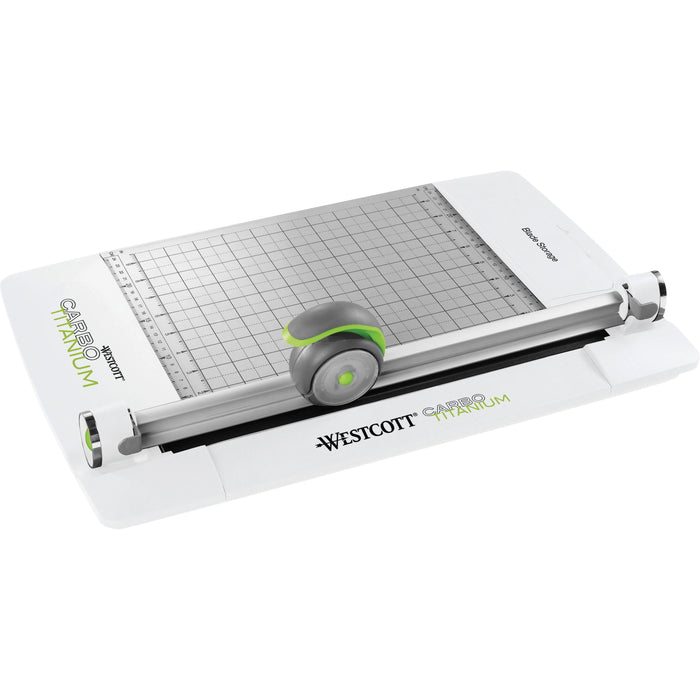 Westcott CarboTitanium Rotary Trimmer - CarboTitanium Blade - 12" Cutting Length - 3" Height x 12.1" Width x 19.3" Length - Multi-position Push Button - White, Green - 1 Each