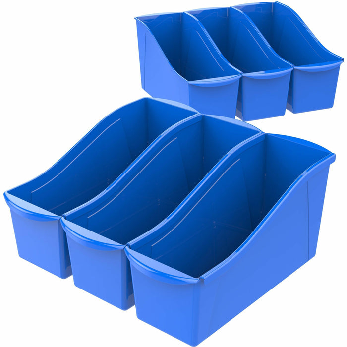 Storex Multiuse Bins Blue 6/pkg - 7" Height x 5.30" Width x 14.30" Length - Sturdy, Handle, Drop Resistant, Interlockable - Blue - Plastic - 6 / Carton
