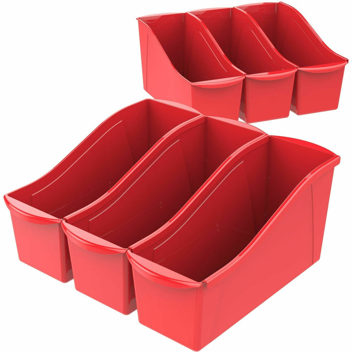 Storex Multiuse Bins Red 6/pkg - 7" Height x 5.30" Width x 14.30" Length - Sturdy, Handle, Drop Resistant, Interlockable - Red - Plastic - 6 / Carton
