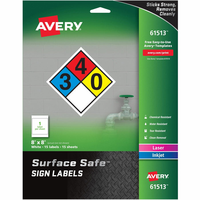 Avery® 8"x8" Removable Label Safety Signs - 8" Width x 8" Length - Removable Adhesive - Rectangle - Laser, Inkjet - White - Film - Water Resistant - 1 / Sheet - 15 Total Sheets - 15 Total Label(s) - 15 / Pack
