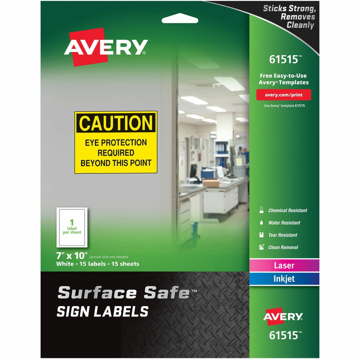 Avery® 7"x10" Removable Label Safety Signs - 7" Width x 10" Length - Removable Adhesive - Rectangle - Laser, Inkjet - White - Film - Water Resistant - 1 / Sheet - 15 Total Sheets - 15 / Pack