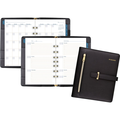 At-A-Glance Buckle Closure Undated Desk Start Set - Julian Dates - Weekly, Monthly - 8:00 AM to 5:00 PM - 1 Month, 1 Week Double Page Layout - 5 1/2" x 8 1/2" Sheet Size - 7-ring - Desk - Black - Faux Leather - 1 Each