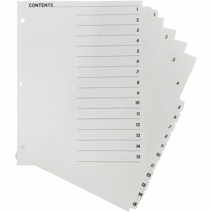 Business Source Table of Content Quick Index Dividers - Printed Tab(s) - Digit - 1-15 - 15 Tab(s)/Set - 8.5" Divider Width x 11" Divider Length - 3 Hole Punched - White Divider - White Mylar Tab(s) - 1 Set
