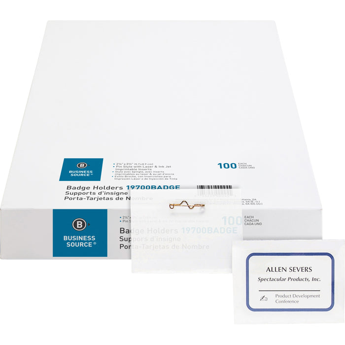 Business Source Pin Style Holder Name Badge Kit - Clear - 100 / Box