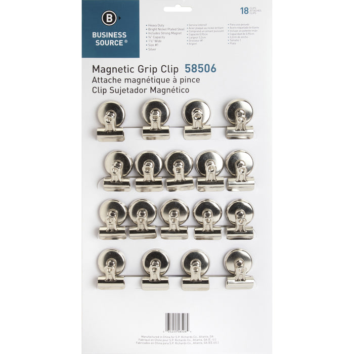 Business Source Magnetic Grip Clips Pack - No. 1 - 1.3" Width - for Paper - Magnetic, Heavy Duty - Silver - 18 / Box