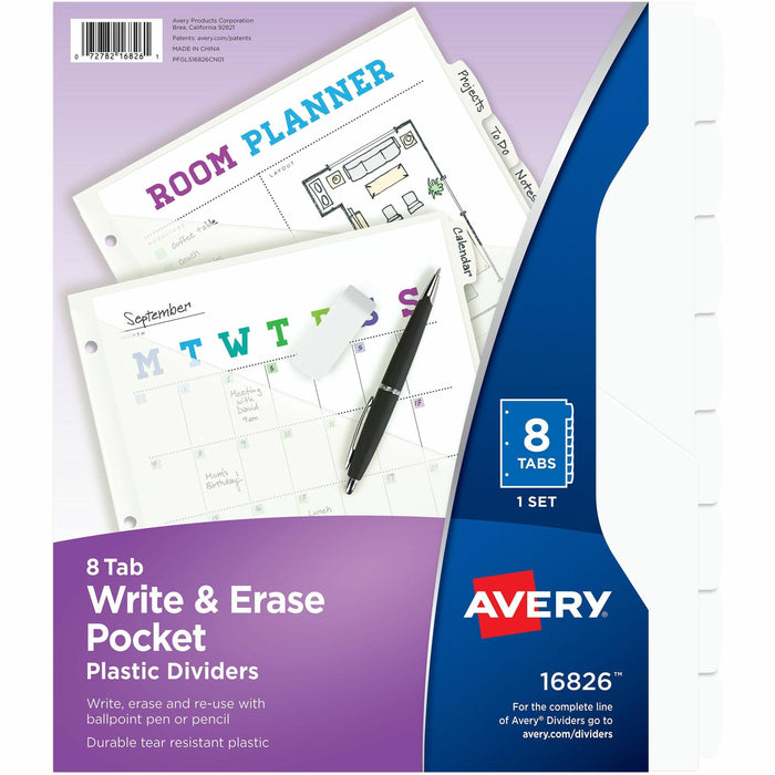 Avery® Write & Erase Pocket Plastic Dividers - 8 x Divider(s) - 8 Write-on Tab(s) - 8 - 8 Tab(s)/Set - 9.3" Divider Width x 11.25" Divider Length - 3 Hole Punched - White Plastic Divider - White Plastic Tab(s) - Hole-punched, Writable, Erasable, Durable,