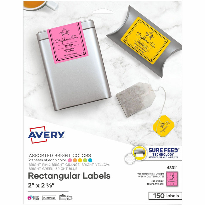 Avery® Easy Peel Multipurpose Label - x 2" Width x 2 5/8" Length - Permanent Adhesive - Rectangle - Inkjet, Laser - Matte - Bright Blue, Bright Green, Bright Orange, Bright Pink, Bright Yellow - Paper - 15 / Sheet - 10 Total Sheets - 150 Total Label(s) -