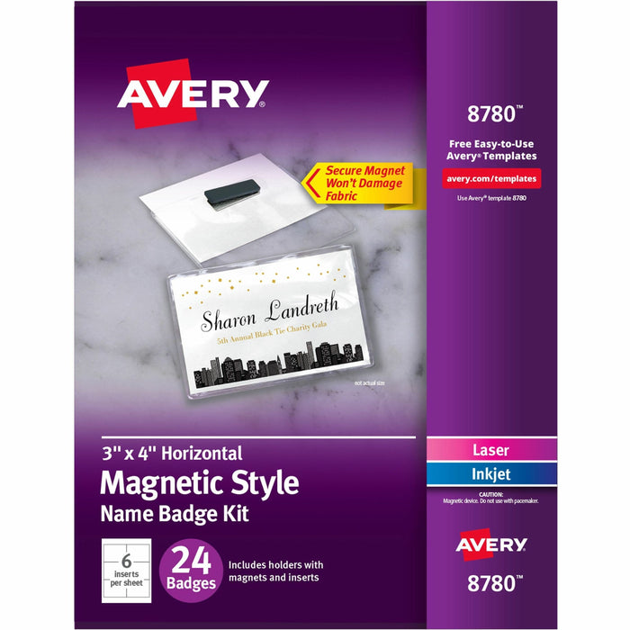 Avery® Secure Magnetic Name Badges with Durable Plastic Holders and Heavy-duty Magnets - 4" Width - Rectangular Shape - Pocket - Micro Perforated, Insertable, Magnetic, Durable, Reusable, Easy to Use, Laminated, Printable, Heavy Duty - Polyvinyl Chloride