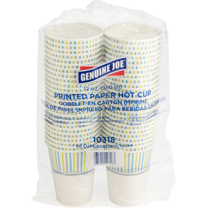 Genuine Joe 12 oz Hot Beverage Cups - 12 fl oz - Assorted - Paper - Hot Chocolate, Cappuccino, Tea, Coffee, Beverage - 50 / Pack