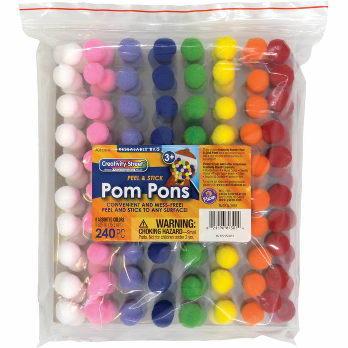 Creativity Street Peel-n-Stick Pom Pons - Project - 11.75" Height x 1.50" Width x 9.25" Length - White, Pink, Purple, Blue, Yellow, Orange, Green, Red - Plush - 240 / Pack
