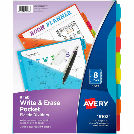 Avery Write & Erase Durable Plastic Dividers with Pocket - 8 x Divider(s) - 8 Write-on Tab(s) - 8 Tab(s)/Set - 9.3" Divider Width x 11.25" Divider Length - 3 Hole Punched - Multicolor Plastic Divider - Multicolor Plastic Tab(s) - Durable, Hole-punched, St