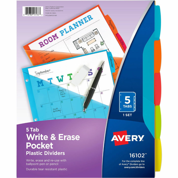 Avery Write & Erase Durable Plastic Dividers with Pocket - 5 x Divider(s) - 5 Write-on Tab(s) - 5 Tab(s)/Set - 9.3" Divider Width x 11.25" Divider Length - 3 Hole Punched - Multicolor Plastic Divider - Multicolor Plastic Tab(s) - Pocket, Writable, Erasabl