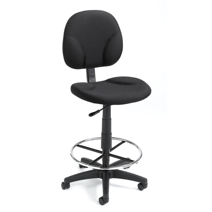 Boss Stand Up Fabric Drafting Stool with Foot Rest, Black - Black Seat Color - Crepe Fabric Seat Material - Black Back Color - Crepe Fabric Back Material - 5-star Base - 1 Each