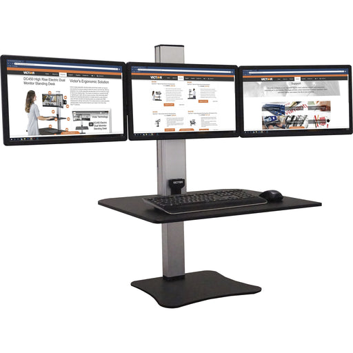 Victor High Rise Electric Triple Monitor Standing Desk - 23" to 34" Screen Support - 37.50 lb Load Capacity - 20" Height x 28" Width x 23" Depth - Desktop, Tabletop - High Pressure Laminate (HPL) - Wood, Steel, Aluminum - Black, Aluminum - 1 Each