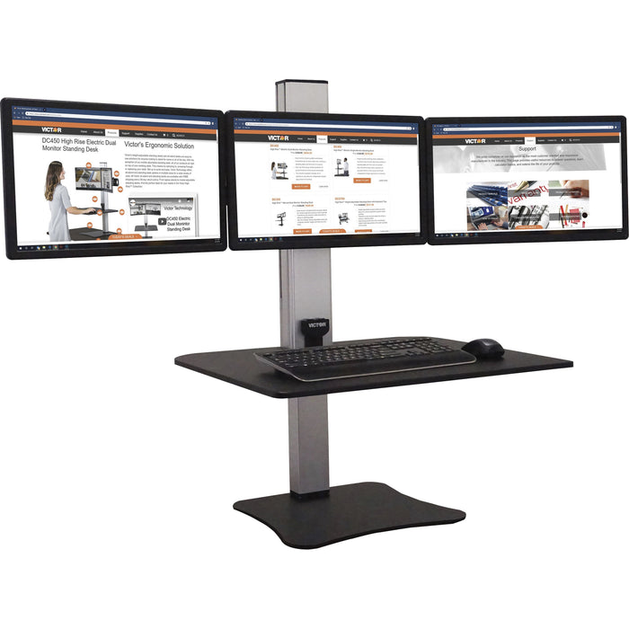 Victor High Rise Electric Triple Monitor Standing Desk - 23" to 34" Screen Support - 37.50 lb Load Capacity - 20" Height x 28" Width x 23" Depth - Desktop, Tabletop - High Pressure Laminate (HPL) - Wood, Steel, Aluminum - Black, Aluminum - 1 Each