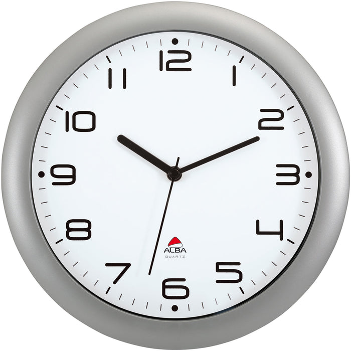 Alba Wall Clock - Analog - Quartz - White Main Dial - Metallic Gray Case - Classic Style - 1 Each