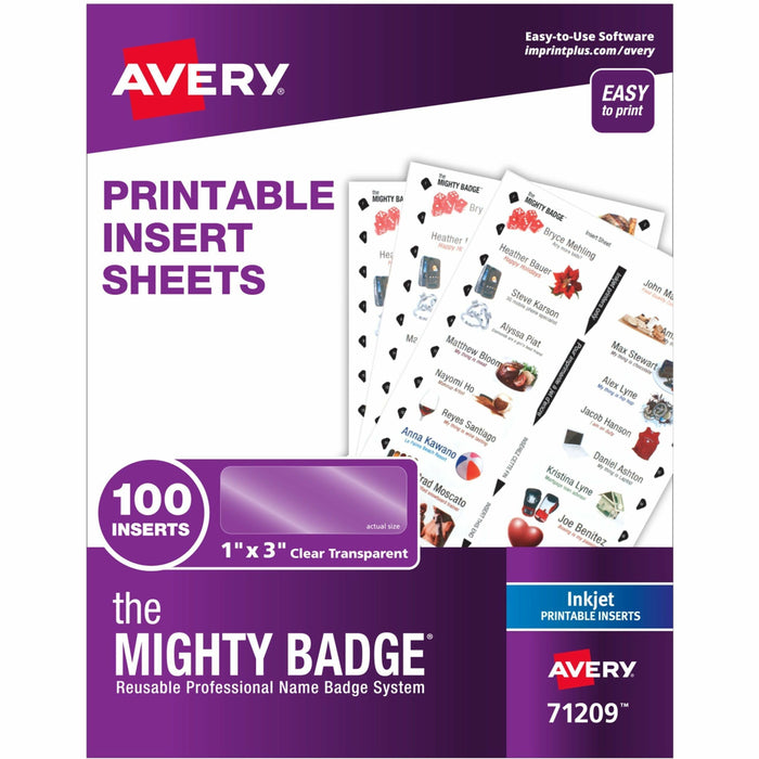 The Mighty Badge® by Avery® The Mighty Badge Printable Insert Sheets, 100 Clear Inserts, Inkjet - Letter - 11" - Printable, Non-adhesive, Reusable, Easy Peel - Clear - 5 Sheets - 100 / Pack