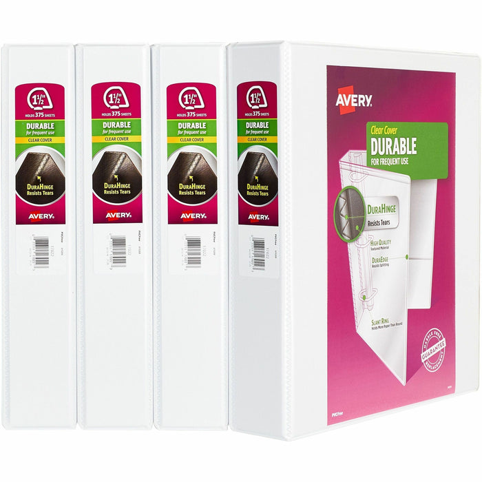 Avery® Durable View 3 Ring Binders, 1.5" Slant Rings, 4 White Binders (17576) - 1 1/2" Binder Capacity - Letter - 8 1/2" x 11" Sheet Size - 375 Sheet Capacity - 375 Ring - Fastener: Slant Ring - Pocket: 2 - Polypropylene - Adhesive, Durable, Flexible, Poc