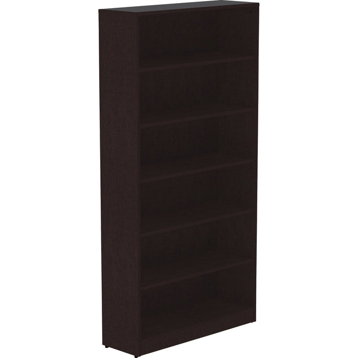 Lorell Laminate Bookcase - 0.7" Thickness Shelf, 72" Height x 36" Width x 12" Depth - 6 Shelve(s) - 5 Adjustable Shelf(ves) - Square Edge - Material: Thermofused Laminate (TFL) - Finish: Espresso - Sturdy, Long Lasting, Adjustable Feet - For Book - 1 Each