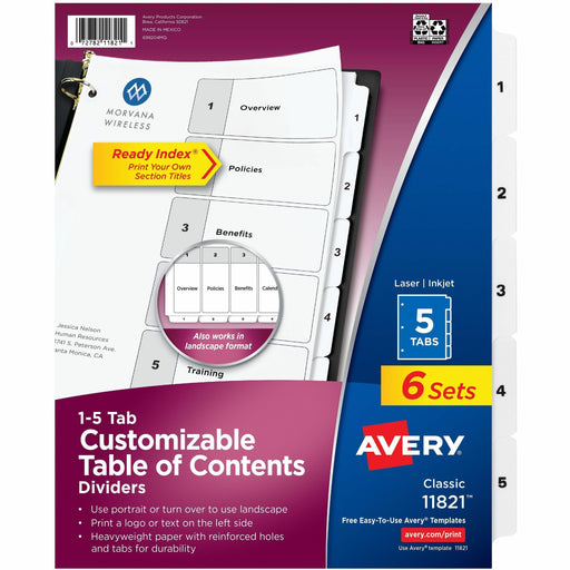 Avery Dividers, 5 Tabs, Ready Index (6 Sets of 11821) - 30 x Divider(s) - 30 Tab(s) - Digit - 1-5, Table of Contents - 5 Tab(s)/Set - 8.5" Divider Width x 11" Divider Length - 3 Hole Punched - White Paper Divider - White Paper Tab(s) - Hole-punched, Print