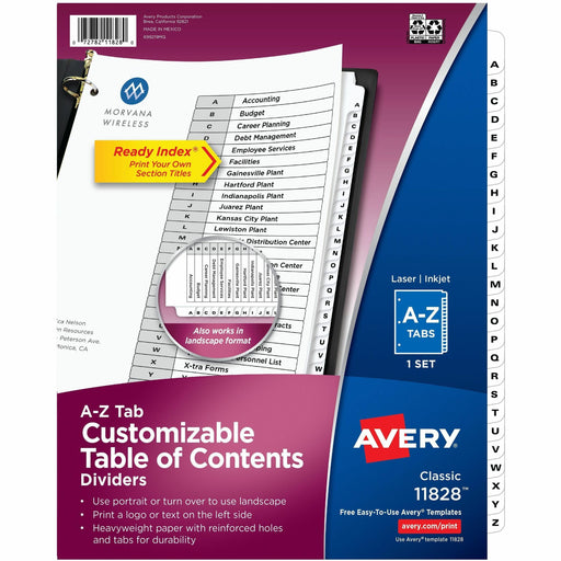 Avery Ready Index A-Z 26 Tab Dividers, Customizable TOC, 1 Set (11828) - 26 x Divider(s) - 26 Tab(s) - Alphabet - A-Z, Table of Contents - 26 Tab(s)/Set - 8.5" Divider Width x 11" Divider Length - 3 Hole Punched - White Paper Divider - White Paper Tab(s)