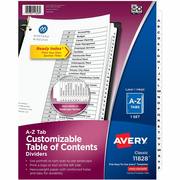 Avery Ready Index A-Z 26 Tab Dividers, Customizable TOC, 1 Set (11828) - 26 x Divider(s) - 26 Tab(s) - Alphabet - A-Z, Table of Contents - 26 Tab(s)/Set - 8.5" Divider Width x 11" Divider Length - 3 Hole Punched - White Paper Divider - White Paper Tab(s)