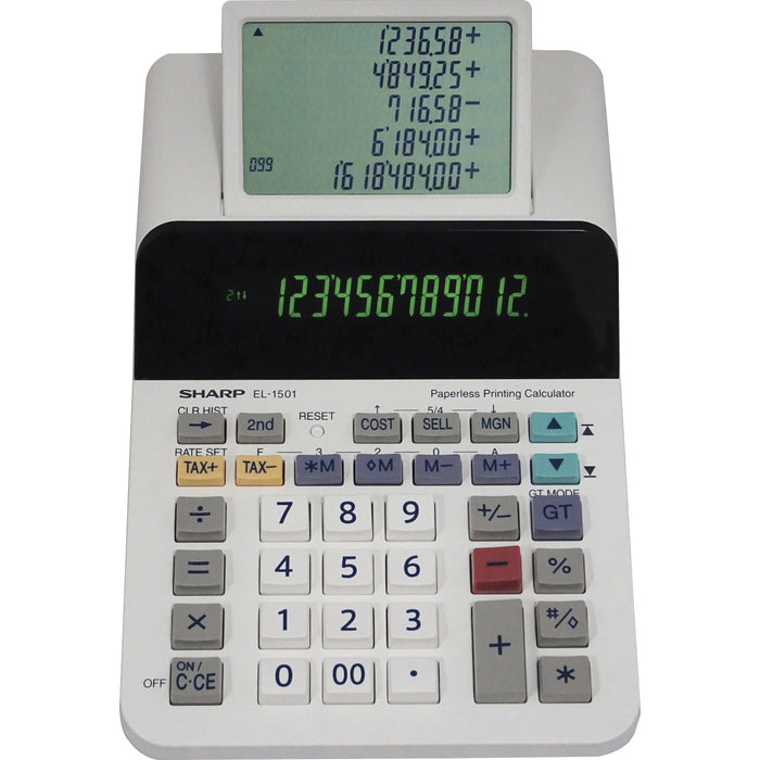 SHARP® EL-1501 12-digit Printing Calculator - LCD Display, Compact, 4-Key Memory, Paperless Printing, Cordless - 12 Digits - LCD - Battery Powered - 4 x AA - 2" Height x 5.8" Width x 8.5" Length - White - Desktop - 1 Each