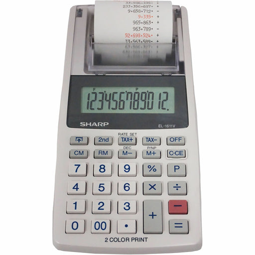 SHARP® EL-1611V 12-digit Mini Printing Calculator - Dual Color Print - Black/Red Print - 2 lps - 4-Key Memory, Lightweight, Dual Power, Compact, Cordless - 12 Digits - LCD - Battery/Power Adapter Powered - 4 x AA - 1.7" Height x 3.9" Width x 7.5" Depth -
