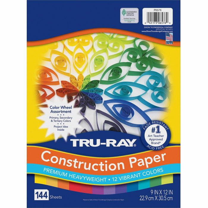 Tru-Ray Color Wheel Construction Paper - Project - 144 Piece(s) - 12" Height x 9" Width x 1" Length - Yellow, Gold, Orange, Festive Red, Holiday Red, Magenta, Violet, Purple, Blue, Turquoise, Holiday Green, ... - 1 Pack