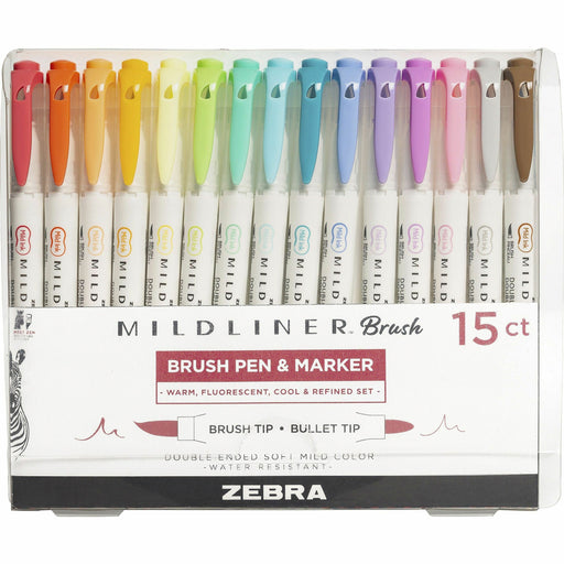 Zebra MILDLINER Dual Ended Brush Pen & Marker Set - Medium Brush Pen Point - Assorted Ink - Pigment-based - White Barrel - 15 / Pack