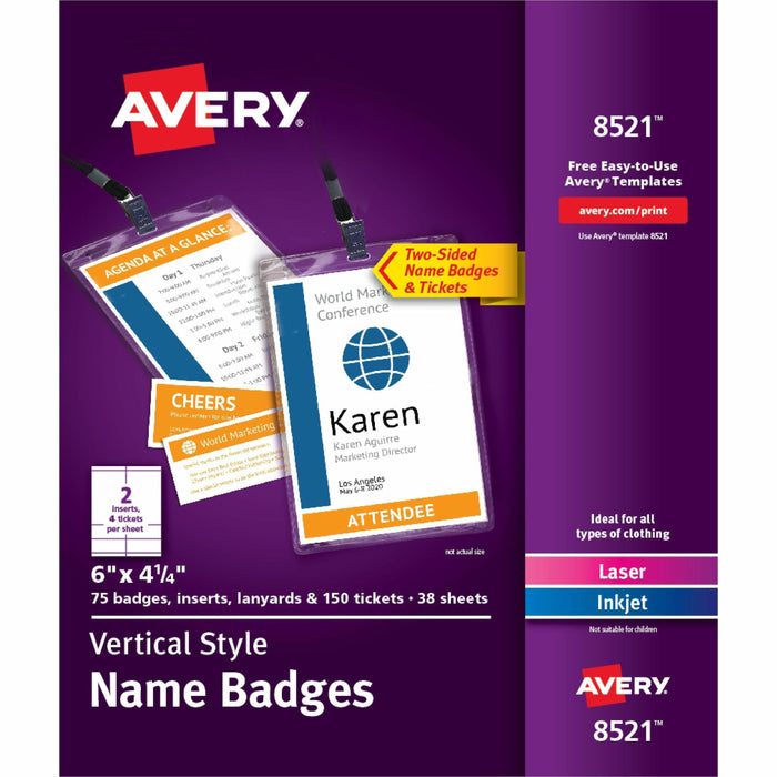 Avery® Vertical Name Badges with Tickets Kit for Laser and Inkjet Printers, 4-1/4" x 6" - PVC Plastic - White - 1 Box