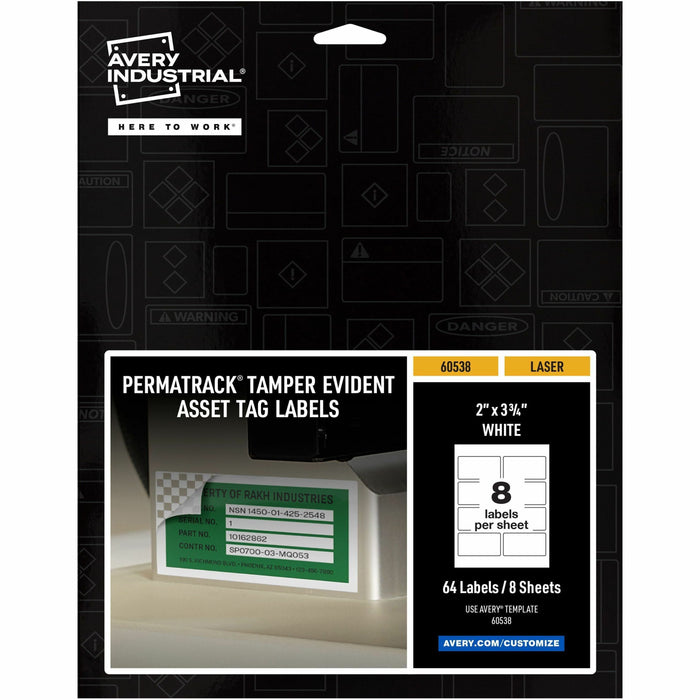 Avery® PermaTrack Tamper-Evident Asset Tag Labels, 2" x 3-3/4" , 64 Asset Tags - Waterproof - 2" Widthss x 3 3/4" Length - Permanent Adhesive - Rectangle - Laser - White - Film - 8 / Sheet - 40 Total Sheets - 64 Total Label(s) - 64/Pack - 1 Carton