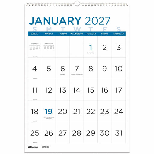Blueline 2027 12-Month Large Print Monthly Wall Calendar - Monthly - 12 Month - January 2027 to December 2027 - 1 Month Single Page Layout - 12" x 17" Sheet Size - Twin Wire - Wall Mount - Blue - Paper - 1 Each