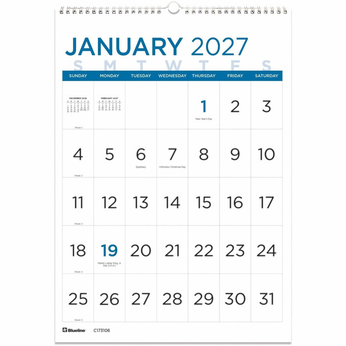 Blueline 2027 12-Month Large Print Monthly Wall Calendar - Monthly - 12 Month - January 2027 to December 2027 - 1 Month Single Page Layout - 12" x 17" Sheet Size - Twin Wire - Wall Mount - Blue - Paper - 1 Each