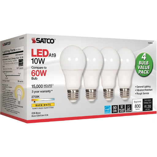 Satco Satco 9.8W A19 LED Frosted Bulbs - 10 W - 60 W Incandescent Equivalent Wattage - 120 V AC - 800 lm - A19 Size - Warm White Light Color - E26 Base - 15000 Hour - 2700°K Color Temperature - 93 CRI - 220° Beam Angle - 4 / Pack