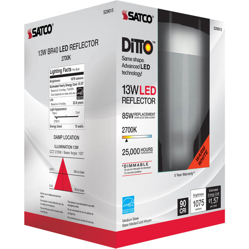 Satco Frosted LED Bulbs - 13 W - 85 W Incandescent Equivalent Wattage - 120 V AC - 1075 lm - BR40 Size - Frosted White - Warm White Light Color - E26 Base - 25000 Hour - 2700°K Color Temperature - 95 CRI - 103° Beam Angle - Dimmable - Reflector - 1 Each