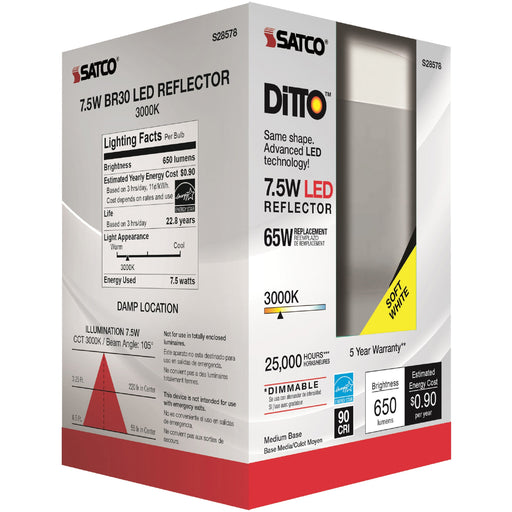 Satco Frosted LED Bulbs - 7.50 W - 65 W Incandescent Equivalent Wattage - 120 V AC - 650 lm - BR30 Size - Frosted White - Warm White Light Color - E26 Base - 25000 Hour - 3000°K Color Temperature - 93 CRI - 105° Beam Angle - Dimmable - Reflector - 1 Each