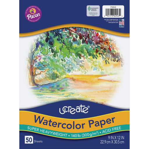 UCreate Watercolor Paper - 140 lb Basis Weight - 9" x 12" Sheet Size - White Paper - Acid-free, Recyclable - 50 / Pack
