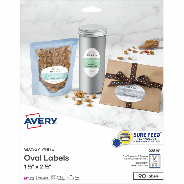 Avery® Sure Feed Printable Glossy White Labels - Waterproof - 1 1/2" Widthss x 2 1/2" Length - Permanent Adhesive - Oval - Inkjet, Laser - Glossy White - White - Paper - 18 / Sheet - 18 Total Sheets - 90 Total Label(s) - 90/Pack - 1 Carton