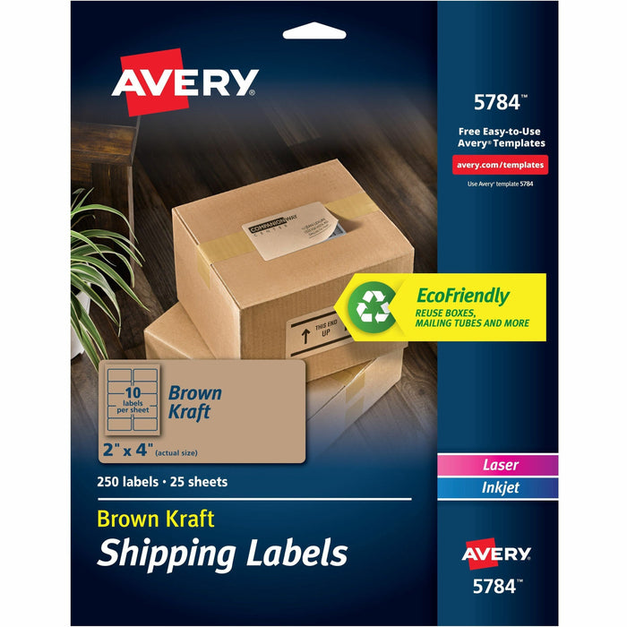 Avery® Shipping Labels,, Kraft Brown, 2" x 4" , 250 Labels (5784) - 2" Height x 4" Width - Permanent Adhesive - Rectangle - Laser, Inkjet - Kraft Brown - Paper - 10 / Sheet - 25 Total Sheets - 250 Total Label(s) - 1 Carton