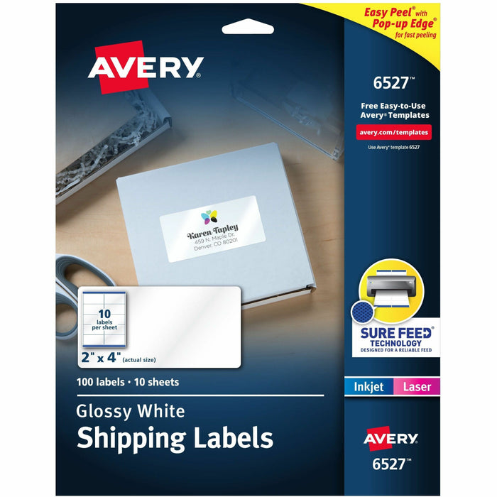 Avery® Shipping Labels, Glossy White, 2" x 4" , 100 Total (6527) - 2" Height x 4" Width - Permanent Adhesive - Rectangle - Laser, Inkjet - Glossy - White - Paper - 10 / Sheet - 10 Total Sheets - 100 Total Label(s) - 1 Carton