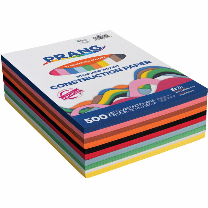 Prang Construction Paper - Art Project, Craft Project, Fun and Learning, Cutting, Pasting - 9" Width x 12" Length - 45 lb Basis Weight - Assorted - 500 / Pack
