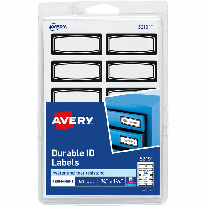 Avery® Durable Labels, 3/4" x 1-3/4" , Black Border, 60 Total (5219) - 3/4" Height x 1 3/4" Width - Permanent Adhesive - Rectangle - Matte - White - Film - Water Resistant - 12 / Sheet - 5 Total Sheets - 1080 Total Label(s) - 60/Pack - 18 / Carton