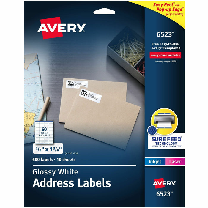 Avery® Address Labels, Glossy White, 2/3" x 1-3/4" , 600 Total (6523) - 2/3" Height x 1 3/4" Width - Permanent Adhesive - Rectangle - Laser, Inkjet - Glossy - White - Paper - 60 / Sheet - 10 Total Sheets - 600 Total Label(s) - 1 Carton