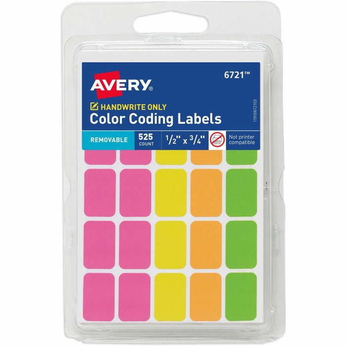 Avery® Removable Labels, 1/2" x 3/4" , Neon, 525 Total (6721) - 3/4" Height x 1/2" Width x 3/4" Length - Removable Adhesive - Rectangle - Matte - Neon Pink, Neon Yellow, Neon Orange, Neon Green - Paper - 25 / Sheet - 21 Total Sheets - 525 Total Label(s) -