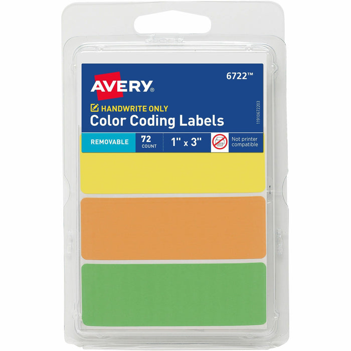 Avery® Rectangular Removable Color Coding Labels on Small Sheets - 1" Height x 1" Width x 3" Length - Removable Adhesive - Rectangle - Matte - Neon Yellow, Neon Orange, Neon Green - Paper - 3 / Sheet - 24 Total Sheets - 72 Total Label(s) - 1 Carton