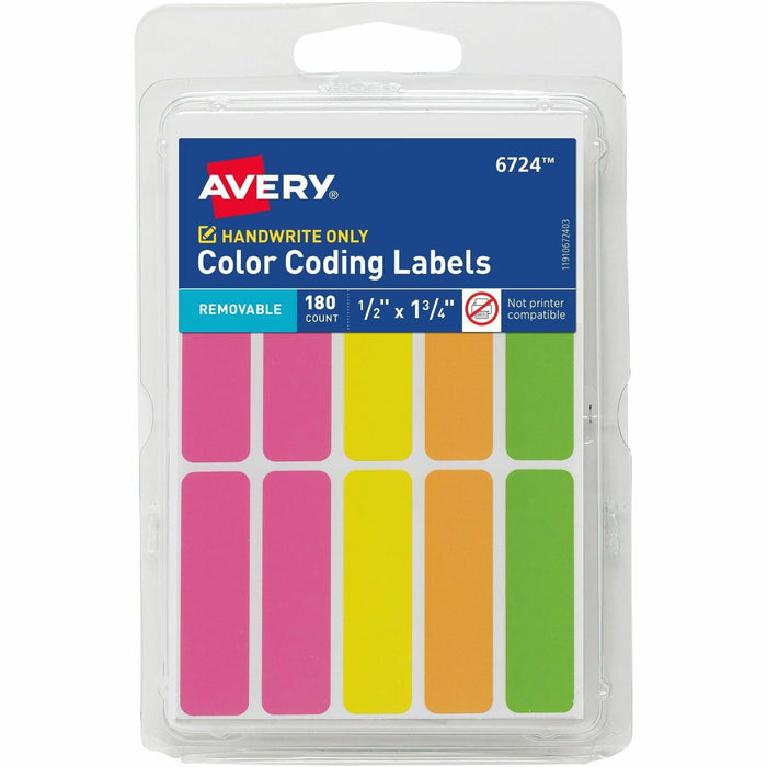 Avery® Rectangular Removable Color Coding Labels on Small Sheets - 1/2" Height x 1/2" Width x 1 3/4" Length - Removable Adhesive - Rectangle - Neon Pink, Neon Yellow, Neon Orange, Neon Green - Paper - 10 / Sheet - 18 Total Sheets - 180 Total Label(s) - 1