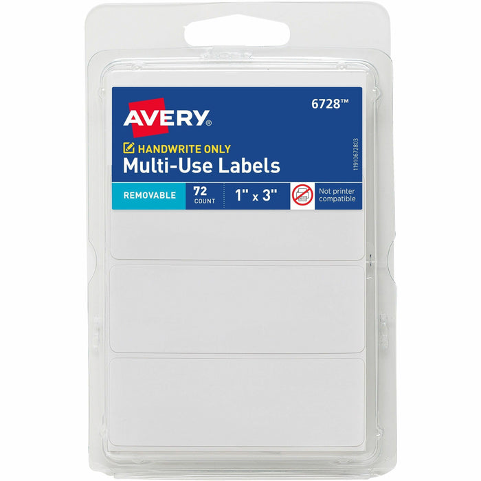 Avery® Removable Multi-Use ID Labels on Small Sheets - Handwrite Only - 1" Height x 3" Width - Removable Adhesive - Rectangle - White - Paper - 3 / Sheet - 24 Total Sheets - 2592 Total Label(s) - 72/Pack - 1 Carton