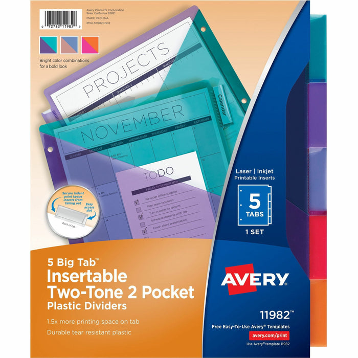 Avery® Big Tab Tab Divider - 5 x Divider(s) - 5 - 5 Tab(s)/Set - 9.3" Divider Width x 11.25" Divider Length - Letter - 8.50" Width x 11" Length - 3 Hole Punched - Multicolor Plastic Divider - Multicolor Plastic Tab(s) - PVC-free, Hole-punched, Insertable,